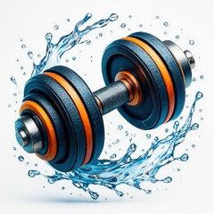 Dumbbell with orange and black weights in a dynamic water splash