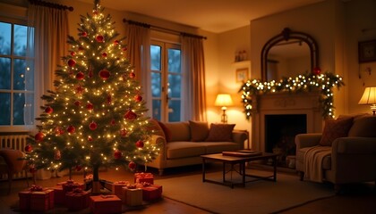 “Christmas tree decorated with golden lights and red ornaments, cozy living room, soft glow, cinematic lighting, realistic details.