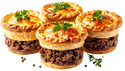 Four meat pies are shown with pastry top, filling, herb garnish