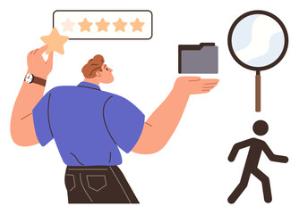 Individual assessing quality with a star rating, holding a folder, and analyzing through a magnifying glass. Ideal for evaluation, organization, research, quality control, career progress, customer