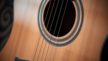 headstock. A detailed close-up of an acoustic guitar, focusing on its wooden texture and artistic craftsmanship. tutorial guides, club newsletters, designed for sports & leisure club marketing.