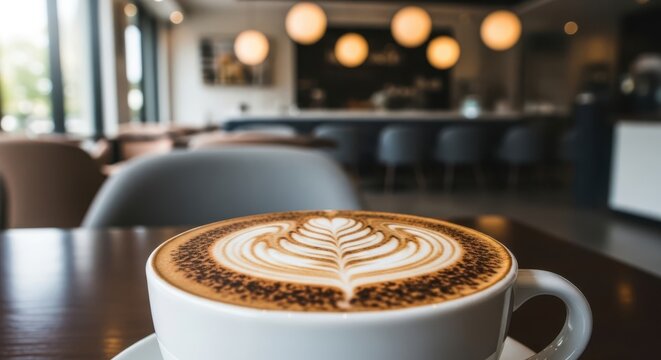 Close up of a perfectly crafted latte with intricate foam art served in a white cup on a wooden table in a modern cafe