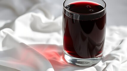 ontology. A glass of deep ruby red wine on white linen with water droplets. bar promotions, beverage menus, designed for food & beverage menus and cafe branding, used by web designers.