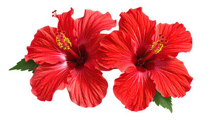 Two bright red hibiscus blossoms with green leaves isolated