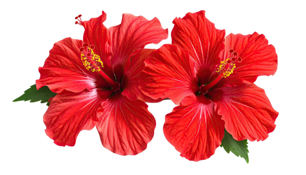 Two bright red hibiscus blossoms with green leaves isolated - Powered by Adobe