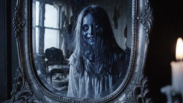 Ghostly figure in mirror, eerie and unsettling atmosphere, perfect for Halloween or horror themes, dim candlelight adds to the suspense
