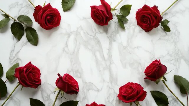 A bouquet of red roses forms a circular pattern on a marble surface