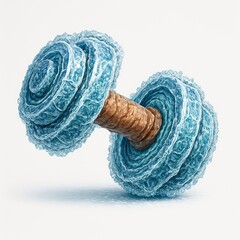 Frozen dumbbell with ice texture and wooden handle on white