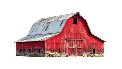 Weathered red barn with silver roof; rustic farm building