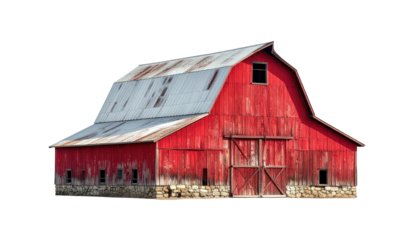 Weathered red barn with silver roof; rustic farm building