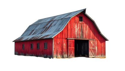 Red barn with gray, weathered roof; open front