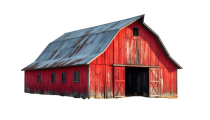 Red barn with gray, weathered roof; open front