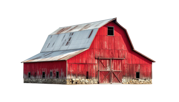 Weathered red barn with silver roof; rustic farm building