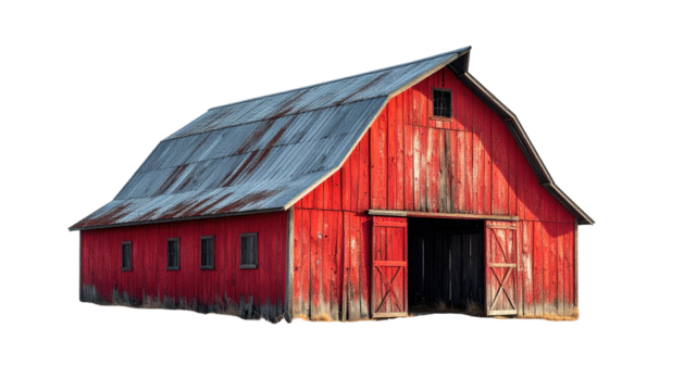 Red barn with gray, weathered roof; open front