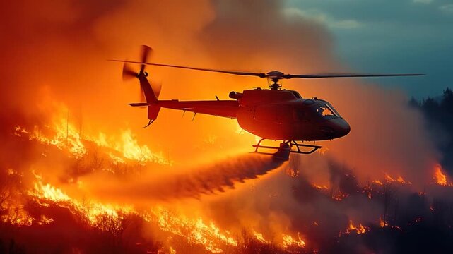 A helicopter soaring above a forest engulfed in flames, ideal for use in disaster or emergency scenarios