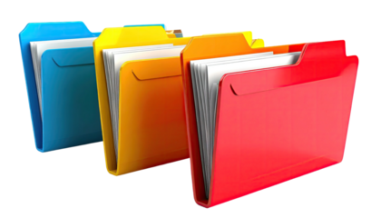 Row of colorful folders filled with papers on a black background