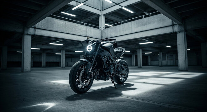 Stealth Black Streetfighter Motorcycle in a Minimalist Concrete Multi-Story Car Park Architectural Shot 4K Wallpaper