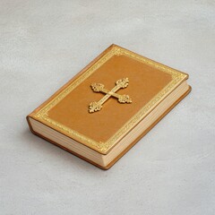 Antique Golden Book Featuring Cross Decoration on Beige Background Represents Faith and Tradition