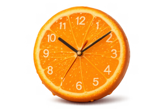 Orange fruit clock representing healthy timing, fresh produce, and natural diet, transparent background