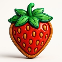 Stylized Red Strawberry Cookie with Green Leaves baked good