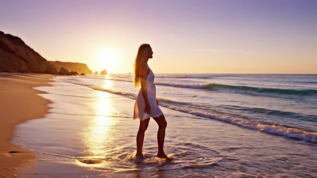 A woman walks along the beach at sunset capturing the serene concept of relaxation and unwinding after a long day or rejuvenating ones spirit by embracing the natural world while providing a.