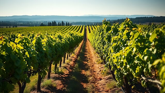 terroir. Vineyard rows stretching under natural sunlight, creating a serene and picturesque landscape. travel magazines, destination branding, designed for outdoor magazines and nature guides.