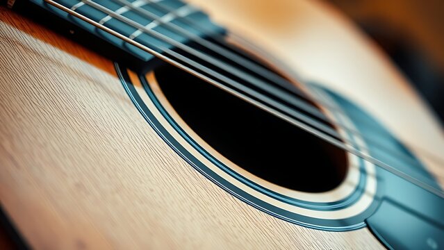 headstock. A detailed close-up of an acoustic guitar, focusing on its wooden texture and artistic craftsmanship. tutorial guides, club newsletters, designed for sports & leisure club marketing.