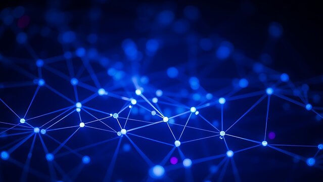 normalizing. Abstract digital network with glowing blue and purple nodes and connections on a dark background. product launch decks.