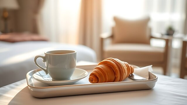cuo. Hotel breakfast tray with croissant and coffee cup, bathed in morning sunlight. menu design, packaging mockups, designed for food delivery and cloud-kitchen brand materials.
