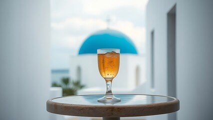 ouzo. Chilled ouzo glass on a table between blue dome and white walls. bar promotions, beverage menus, packaging labels, designed for product packaging and bar promotions, used by copywriters.