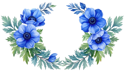 Watercolor anemone wreath in shades of blue and green