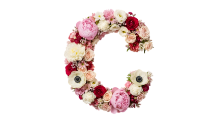 Elegant floral letter c crafted from delicate roses peonies and anemones on black background