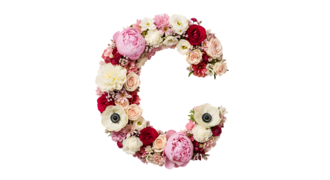 Elegant floral letter c crafted from delicate roses peonies and anemones on black background
