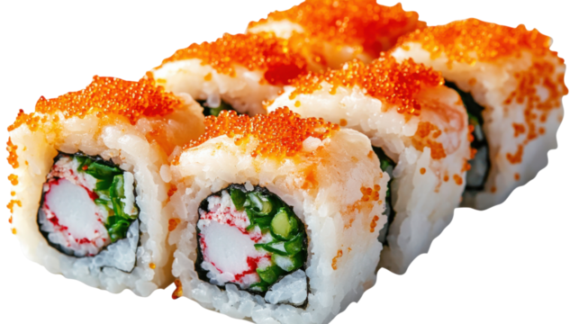 Sushi rolls with orange roe isolated on a transparent background
