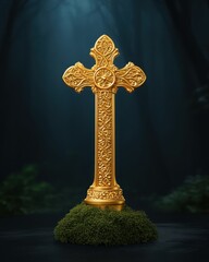 Golden Cross on Mossy Mound in Dark Forest Symbolizing Faith and Spirituality with Intricate Ornate Design and Religious Significance