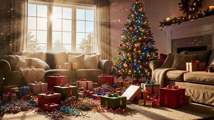 Festive Christmas Morning Scene with Gifts and Decorated Tree.