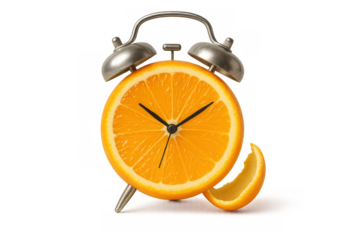 Orange alarm clock with citrus slice representing fresh morning, healthy lifestyle, and wake-up time concept