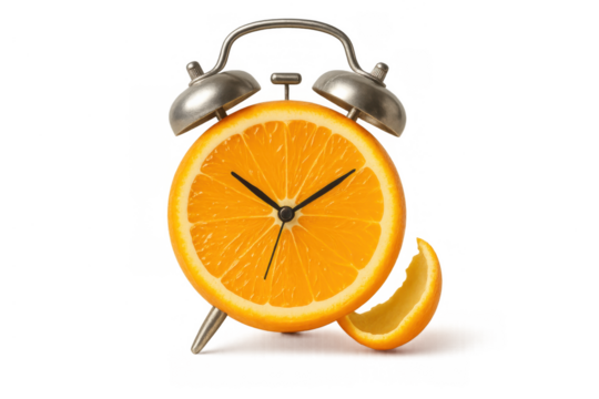 Orange alarm clock with citrus slice representing fresh morning, healthy lifestyle, and wake-up time concept