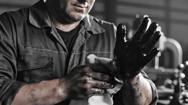 Caucasian man auto mechanic wiping dirty oil hands with rag. Work life in mechanical shop. Workshop maintenance concept.
