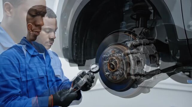 Male mechanic inspecting car brake with flashlight and testing disk with micrometer. Auto service and professional vehicle repair.
