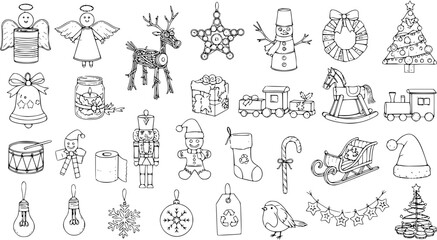 Hand-drawn Christmas Doodles Line Art Set. Festive Holiday Icons Collection with Angels, Reindeer, Snowman, Tree, Gifts, Toys, and Decorations in Outline Style.