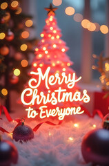 Vibrant, vertical Merry Christmas greetings featuring warm bokeh lights, wrapped red gifts, ornaments, and a glowing neon-style message for universal holiday cheer.
