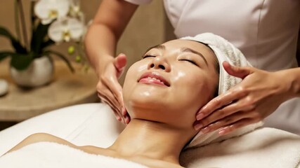 Asian woman enjoys luxurious facial massage, spa therapy promotes relaxation, serene atmosphere with soft lighting and orchids enhances well-being