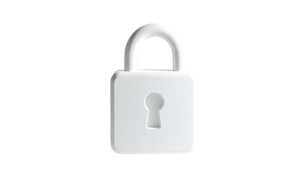 White, stylized padlock with keyhole on a stark black background - Powered by Adobe