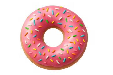 Sweet pink donut with colorful sprinkles, a classic dessert or breakfast pastry, ideal for celebrations, transparent background