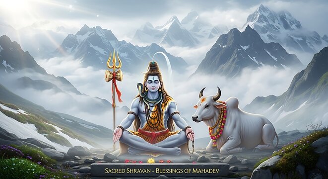 Lord shiva meditating in the himalayas with nandi the bull, a serene scene of devotion and tranquility, showcasing the divine connection between the deity and nature