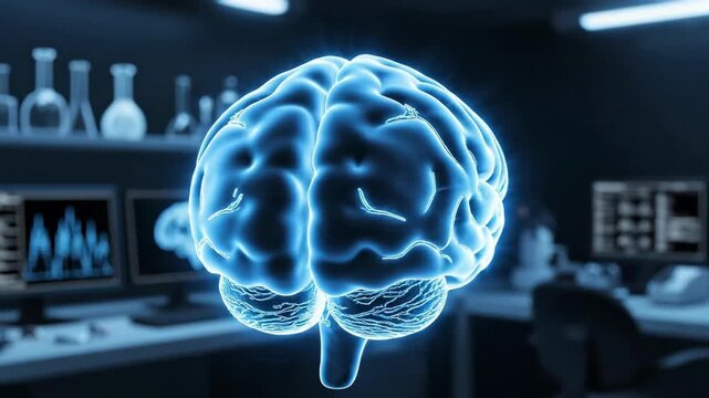 Glowing blue 3D human brain rotating in a futuristic science lab. Medical technology and neuroscience concept - Powered by Adobe