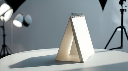 professional photo of a Blank tabletop calendar with thick crisp white pages and a sturdy triangular stand, placed on a smooth light-gray table with a subtle sheen.