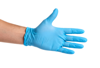 Hand in Blue Latex Glove Reaching Out Isolated PNG