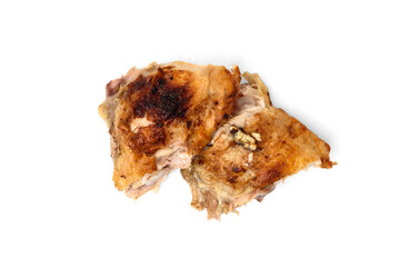 Baked chicken thighs isolated on white background.